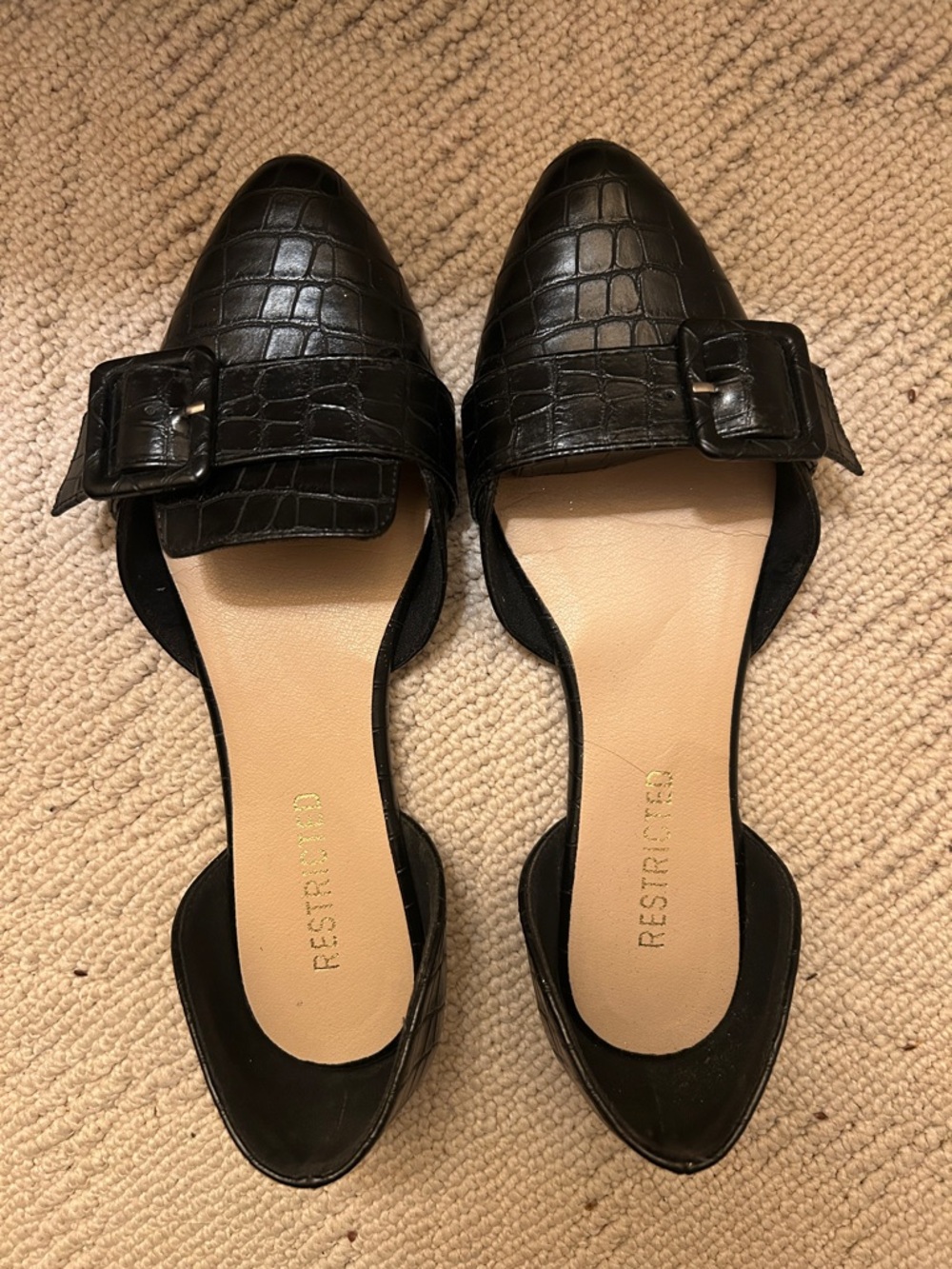 Restricted Black Croc-Embossed Pointed D'Orsay Mules with Buckle